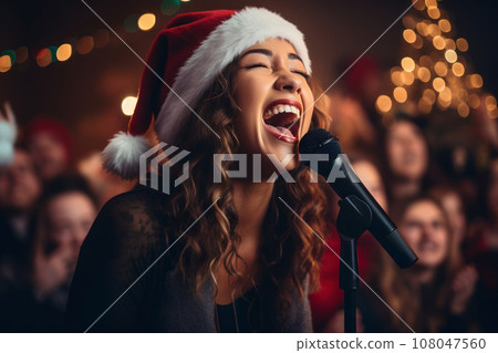 Friends belting out holiday tunes at a karaoke-themed Christmas gathering. Generative Ai Friends belting out holiday tunes at a karaoke-themed Christmas gathering. Generative Ai 108047560
