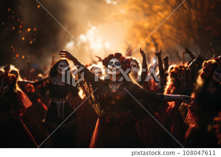 A lively depiction of traditional folkloric dancers in vibrant costumes, performing at a Dia de los Muertos event. Generative Ai 108047611