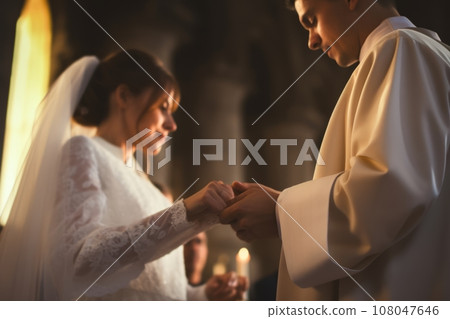 A priest officiating a wedding ceremony, joining the hands offering a blessing, symbolizing the sacred union of marriage. Generative Ai A priest officiating a wedding ceremony, joining the hands offering a blessing, symbolizing the sacred union of marriage. Generative Ai 108047646