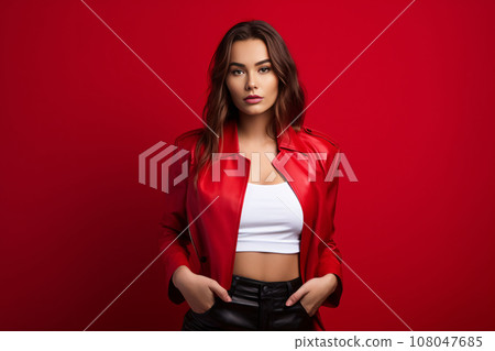 Young woman wearing red trendy clothing and accessories, against a red background. Generative Ai 108047685