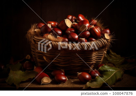 Artistic shots of fresh chestnuts spilling out of a rustic basket, highlighting their natural beauty. Generative Ai Artistic shots of fresh chestnuts spilling out of a rustic basket, highlighting their natural beauty. Generative Ai 108047876