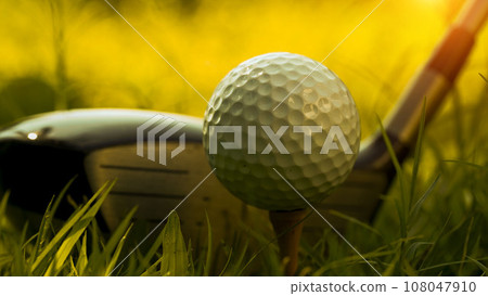 Golf club and golf ball close up in grass field with sunset. 108047910