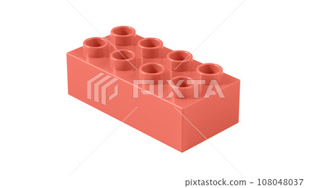 Coral Plastic Lego Block Isolated on a White Background. Children Toy Brick, Perspective View. Close Up View of a Game Block for Constructors. 3d Rendering. 8K Ultra HD, 7680x4320, 300 dpi 108048037