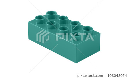 Celadon Green Plastic Lego Block Isolated on a White Background. Children Toy Brick, Perspective View. Close Up View of a Game Block for Constructors. 3D Rendering. 8K Ultra HD, 7680x4320, 300 dpi 108048054