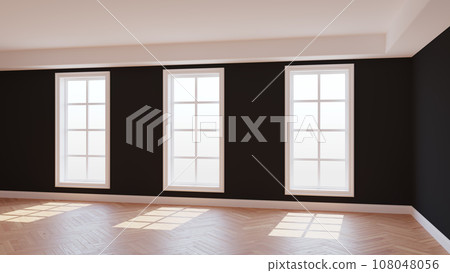 Sunny Room of the Black Room with Three Large Windows, Light Glossy Herringbone Parquet Floor and a white Plinth. Beautiful Concept of the Empty Room. 3d Rendering, Ultra HD 8K, 7680x4320, 300 dpi Sunny Room of the Black Room with Three Large Windows, Light Glossy Herringbone Parquet Floor and a white Plinth. Beautiful Concept of the Empty Room. 3d Rendering, Ultra HD 8K, 7680x4320, 300 dpi 108048056