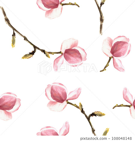 Seamless Pattern. Hand painted watercolor illustration of blooming purple Magnolia flowers and leaves. Floral design on isolated white background for your print, textile, wrapping paper, wallpaper. 108048148
