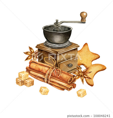watercolor composition of coffee theme with coffee mull, cookies, cinnamon, anis star and brown sugar cubs, hand drawn illustration isolated on white background 108048241
