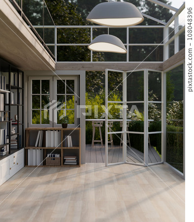 A cosy Scandinavian room with glass ceiling and window and doorway through a deck with a garden. A cosy Scandinavian room with glass ceiling and window and doorway through a deck with a garden. 108048396