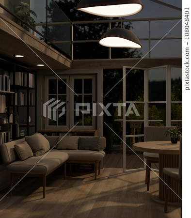 A beautiful, Scandinavian living room at night with glass ceiling and window, and deck with garden. A beautiful, Scandinavian living room at night with glass ceiling and window, and deck with garden. 108048401
