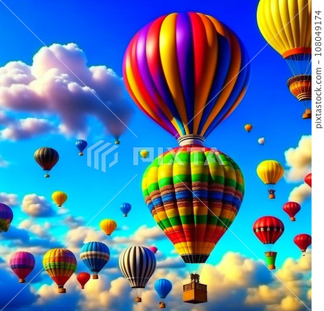 Beautiful fantasy hot air balloons against a blue sky and clouds. Beautiful fantasy hot air balloons against a blue sky and clouds. 108049174
