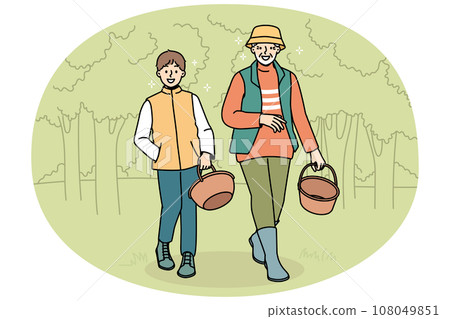 Smiling grandfather and grandson with baskets in forest Smiling grandfather and grandson with baskets in forest 108049851