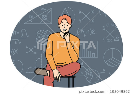 Smiling man sit near board with math formula 108049862