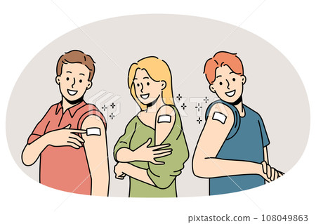 Smiling people show bandages after vaccination 108049863