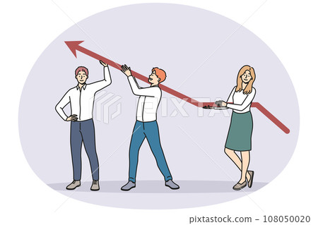 Smiling employees holding arrow facing up 108050020