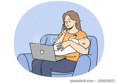 Young mother with newborn work on laptop 108050021