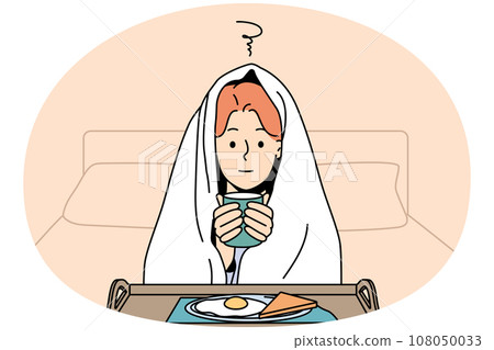 Woman in blanket feel cold drink warm tea 108050033