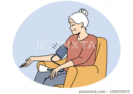 Elderly woman check blood pressure with device Elderly woman check blood pressure with device 108050035