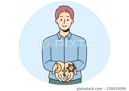Smiling man with different religion symbols Smiling man with different religion symbols 108050098
