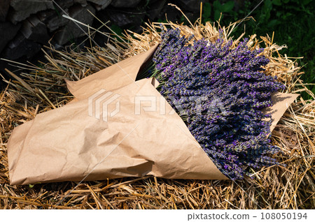 A bouquet of violet-blue lavender on a background of straw A bouquet of violet-blue lavender on a background of straw 108050194