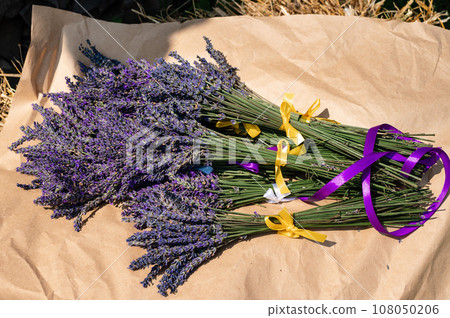 Lavender bouquets with purple and yellow ribbons lie on paper 108050206