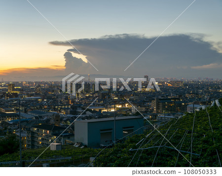 Osaka cityscape at dusk and huge cumulonimbus clouds Osaka cityscape at dusk and huge cumulonimbus clouds 108050333
