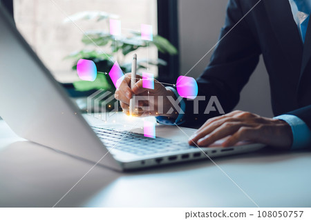 Businessman using computer office analysis for process workflows or flowcharts. Implement and improve automation. Managing organization hierarchical processing. Programmer collaboration 108050757
