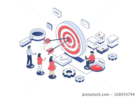 Target audience concept in 3d isometric design. Business team studying customer focus group, creating advertising for attract clients. Vector illustration with isometry people scene for web graphic 108050794