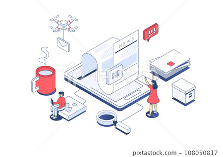 Mobile news concept in 3d isometric design. Man and woman reading breaking news and articles at online press using mobile applications. Vector illustration with isometry people scene for web graphic Mobile news concept in 3d isometric design. Man and woman reading breaking news and articles at online press using mobile applications. Vector illustration with isometry people scene for web graphic 108050817
