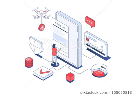 Electronic receipt concept in 3d isometric design. Woman pays digital invoice, processing check pay, maks transfer using online banking. Vector illustration with isometry people scene for web graphic Electronic receipt concept in 3d isometric design. Woman pays digital invoice, processing check pay, maks transfer using online banking. Vector illustration with isometry people scene for web graphic 108050818