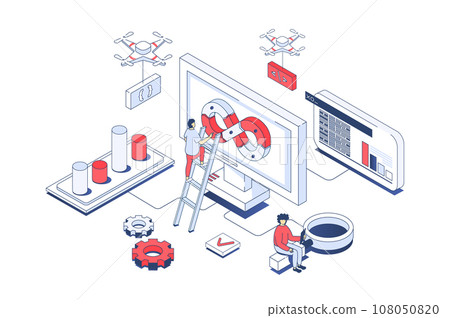 DevOps concept in 3d isometric design. Developer team working in agile processes and programming automations for creating products. Vector illustration with isometry people scene for web graphic 108050820