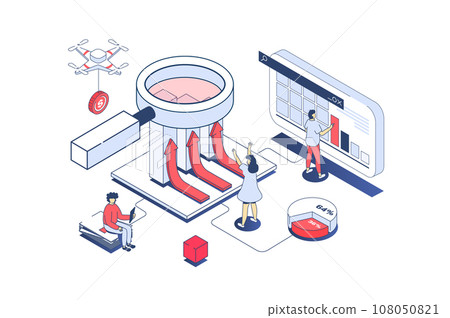 Data analysis concept in 3d isometric design. Analyst team working with graphs and charts, creating business reports, research analytics. Vector illustration with isometry people scene for web graphic Data analysis concept in 3d isometric design. Analyst team working with graphs and charts, creating business reports, research analytics. Vector illustration with isometry people scene for web graphic 108050821