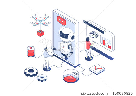 Artificial intelligence concept in 3d isometric design. Engineers working with ai robots, machine learning and programming digital brain. Vector illustration with isometry people scene for web graphic 108050826