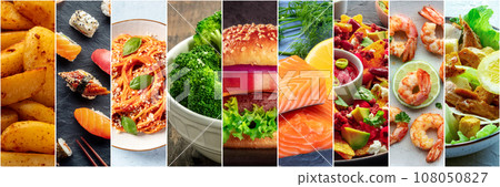 Food collage layout. A variety of dishes, a collection for a restaurant banner 108050827