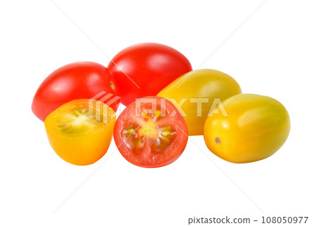 red and yellow tomatoes on white background 108050977