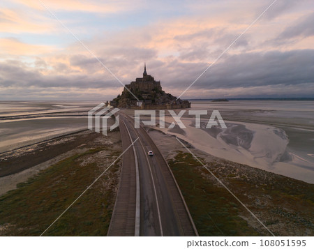 Aerial top view of Mont Saint Michel castle, France. Europe. Aerial top view of Mont Saint Michel castle, France. Europe. 108051595