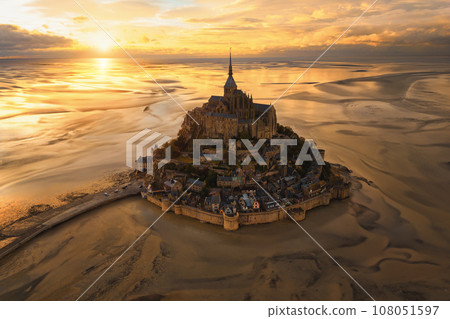 Aerial top view of Mont Saint Michel castle, France. Europe. Aerial top view of Mont Saint Michel castle, France. Europe. 108051597