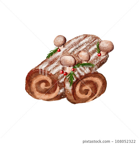 Hand drawn watercolor illustration of yule log chocolate cake with mushrooms winter holly berries. Christmas dessert baking bakery food, party celebration menu traditional roll decilious recipe 108052322