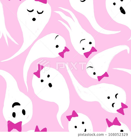 Hand drawn seamless pattern with Halloween ghosts cute pink background. Cute funny fall autumn print, scary creery horror spooky illsutration monster party decor. 108052329
