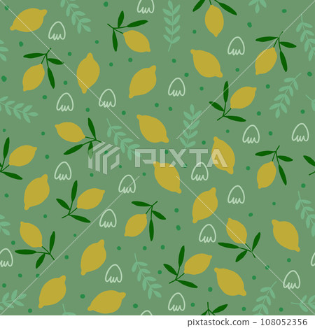 Vector seamless pattern with lemons, doodles on green background. Retro vibes fruits pattern, vintage kitchen background. Vector illustration 108052356