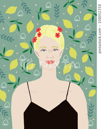Vector portrait of the beautiful blond woman in black dress on green background with lemons. Blond woman poster. Vector illustration 108052358