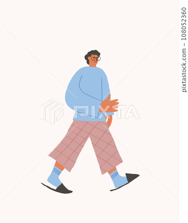 Cute man character with eyeglasses and curly hair walking in home clothing and slippers isolated on white. Home man happy staying at home. Vector illustration 108052360