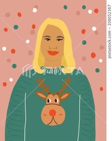 Cute Christmas postcard with beautiful blond girl wearing ugly Christmas sweater with reindeer and confetti. Christmas postcard with woman. Vector illustration 108052367