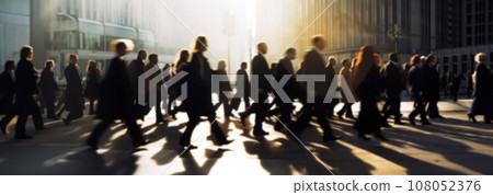 Blurred crowd of unrecognizable business people at the street in a busy city. People in a hurry for work. Rush hour motion blur concept Blurred crowd of unrecognizable business people at the street in a busy city. People in a hurry for work. Rush hour motion blur concept 108052376