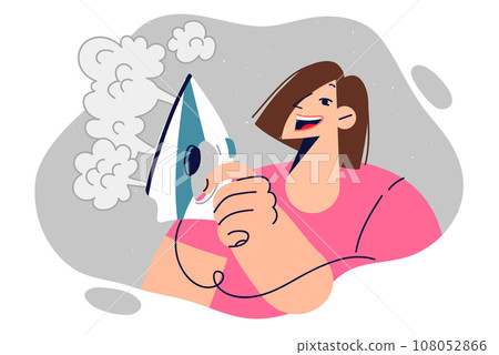 Woman housewife uses iron with steam function and rejoices at technology that makes housework easier Woman housewife uses iron with steam function and rejoices at technology that makes housework easier 108052866