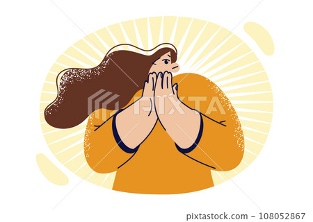 Frightened woman covers mouth with hand, demonstrating fear and apprehension due to previous mistake 108052867