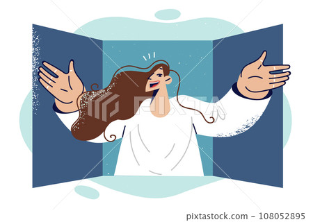 Happy woman looks out window in greeting, spreading arms to sides and greeting guests or neighbors 108052895