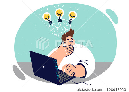 Boy using laptop comes up with ideas for topics for essay at school, with light bulbs above head Boy using laptop comes up with ideas for topics for essay at school, with light bulbs above head 108052930