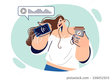 Woman records voice message on mobile phone and drinks coffee, communicating via online messenger. 108052933