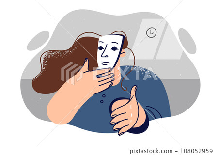 Woman in mask reaches out hand wanting to say hello and make deal, for concept scam or deception Woman in mask reaches out hand wanting to say hello and make deal, for concept scam or deception 108052959