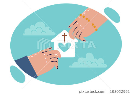 Hands of people with symbol of christian charity in shape of house with heart and catholic cross Hands of people with symbol of christian charity in shape of house with heart and catholic cross 108052961